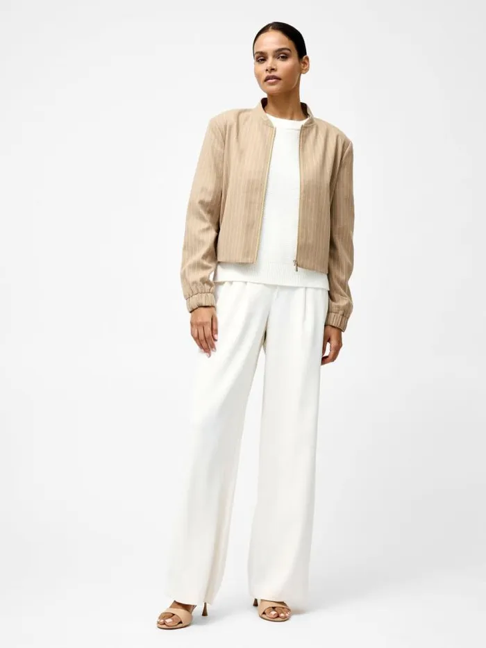 French Connection Caspian Tailored Bomber Jacket Camel Stripe Women Coats and Jackets