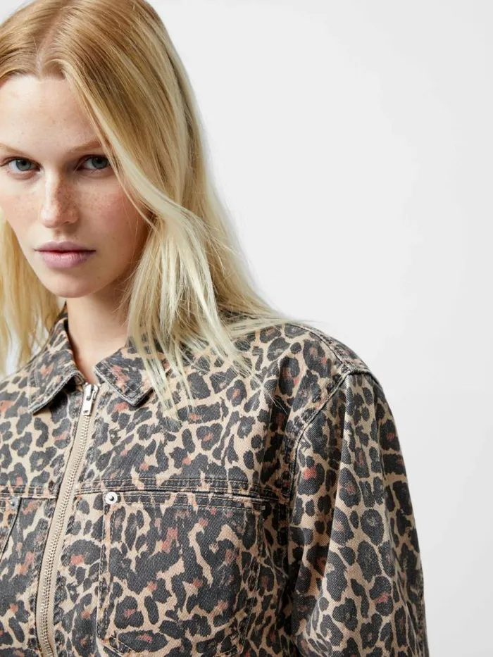 French Connection Charlie Leopard Print Denim Jacket Leopard Sand Multi Women Coats and Jackets