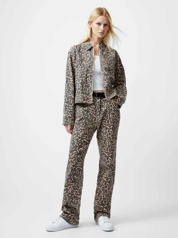 French Connection Charlie Leopard Print Denim Jacket Leopard Sand Multi Women Coats and Jackets