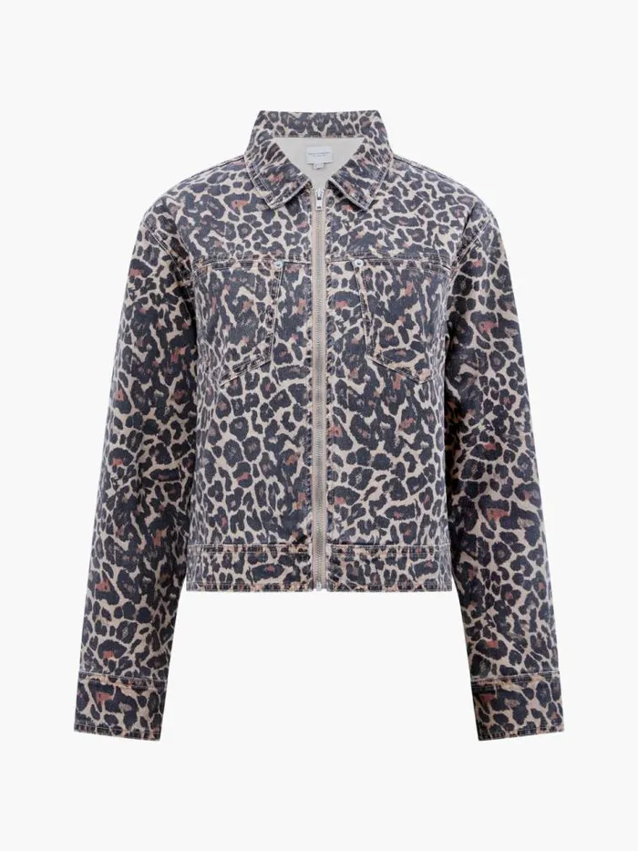 French Connection Charlie Leopard Print Denim Jacket Leopard Sand Multi Women Coats and Jackets