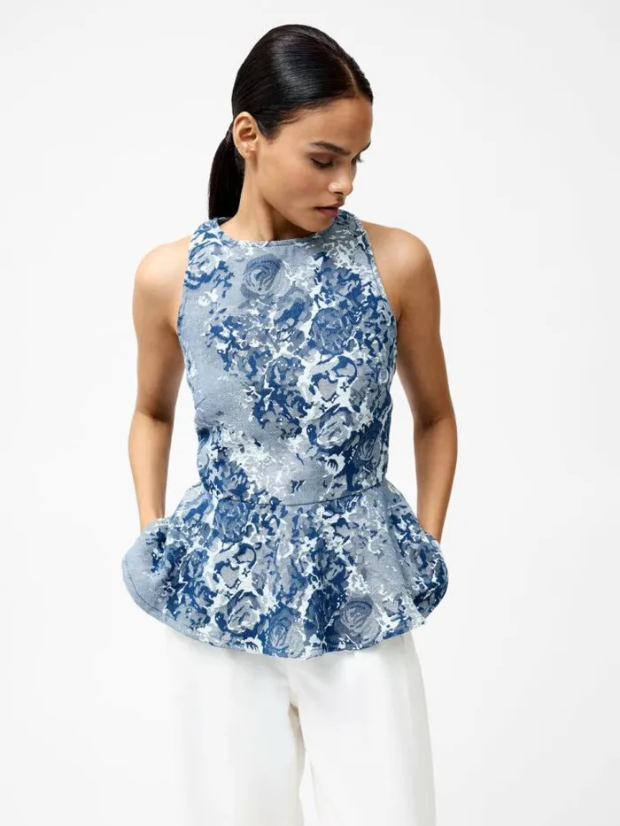 French Connection Charlotte Denim Jacquard Peplum Top Light Wash Women Tops