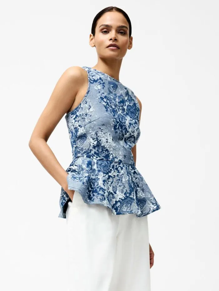 French Connection Charlotte Denim Jacquard Peplum Top Light Wash Women Tops