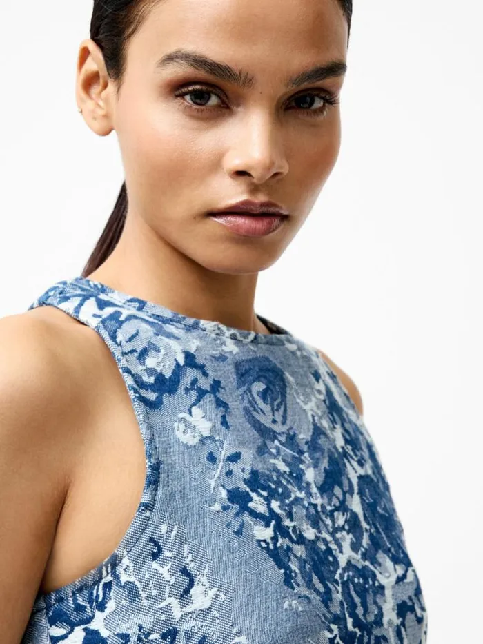 French Connection Charlotte Denim Jacquard Peplum Top Light Wash Women Tops