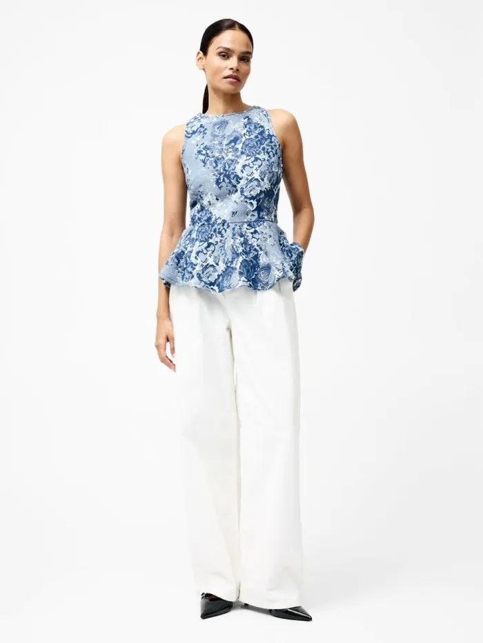 French Connection Charlotte Denim Jacquard Peplum Top Light Wash Women Tops