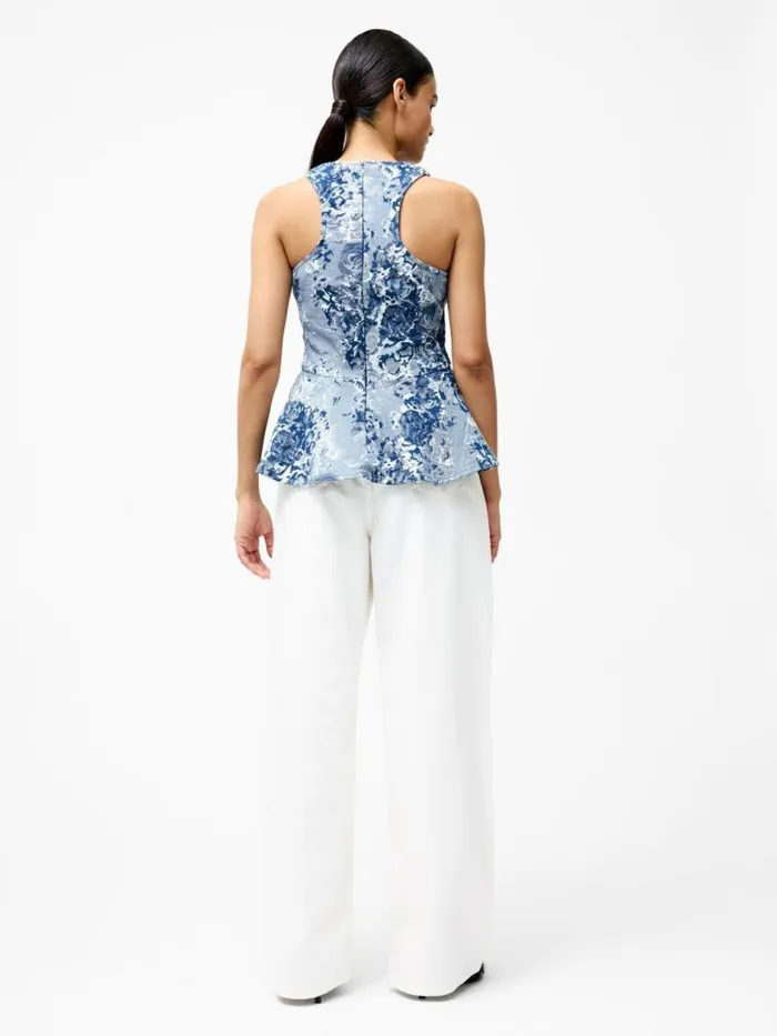 French Connection Charlotte Denim Jacquard Peplum Top Light Wash Women Tops