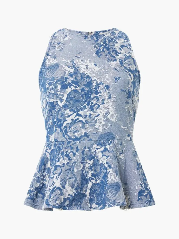French Connection Charlotte Denim Jacquard Peplum Top Light Wash Women Tops