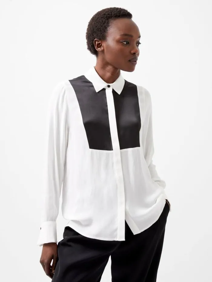 French Connection Chiara Drape Satin Contrast Long Sleeve Shirt Linen Whiteblackout Women Tops French Connection Chiara Drape Satin Contrast Long Sleeve Shirt Linen Whiteblackout Women Tops