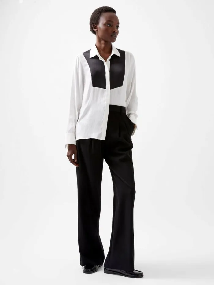 French Connection Chiara Drape Satin Contrast Long Sleeve Shirt Linen Whiteblackout Women Tops