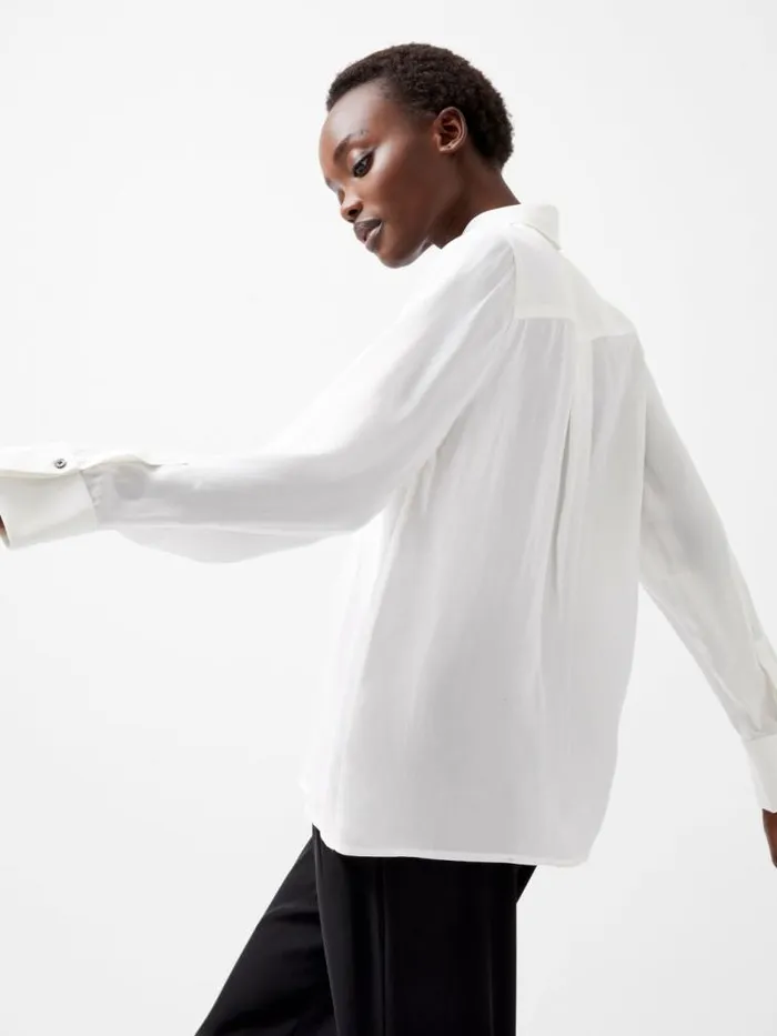 French Connection Chiara Drape Satin Contrast Long Sleeve Shirt Linen Whiteblackout Women Tops