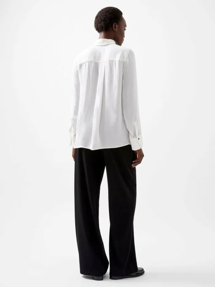 French Connection Chiara Drape Satin Contrast Long Sleeve Shirt Linen Whiteblackout Women Tops