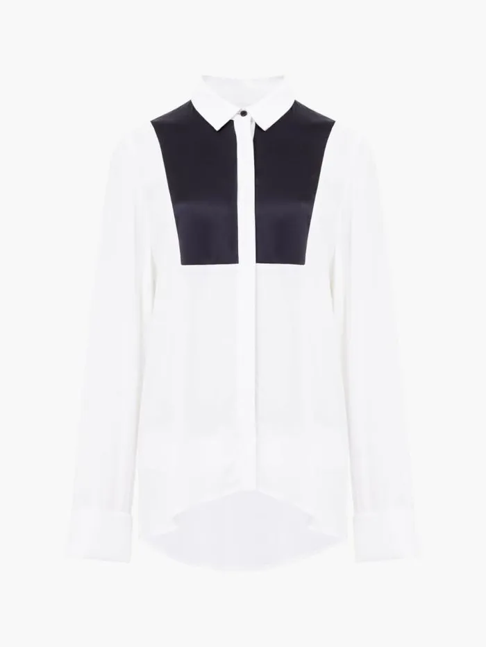 French Connection Chiara Drape Satin Contrast Long Sleeve Shirt Linen Whiteblackout Women Tops