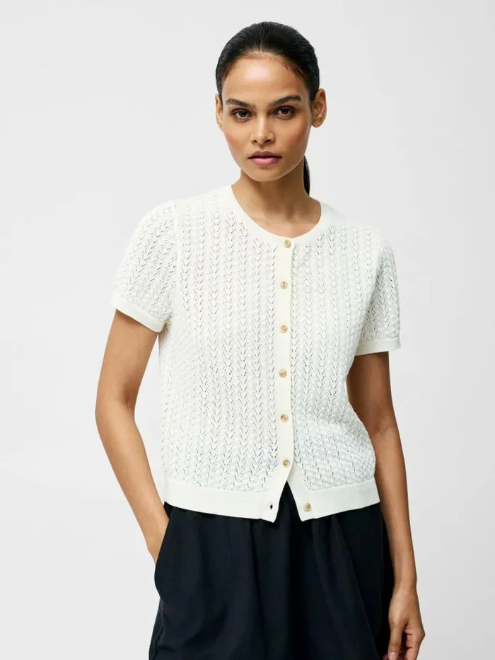 French Connection Cotton Blend Pointelle Short Sleeve Cardigan Cream Women Jumpers and Cardigans French Connection Cotton Blend Pointelle Short Sleeve Cardigan Cream Women Jumpers and Cardigans