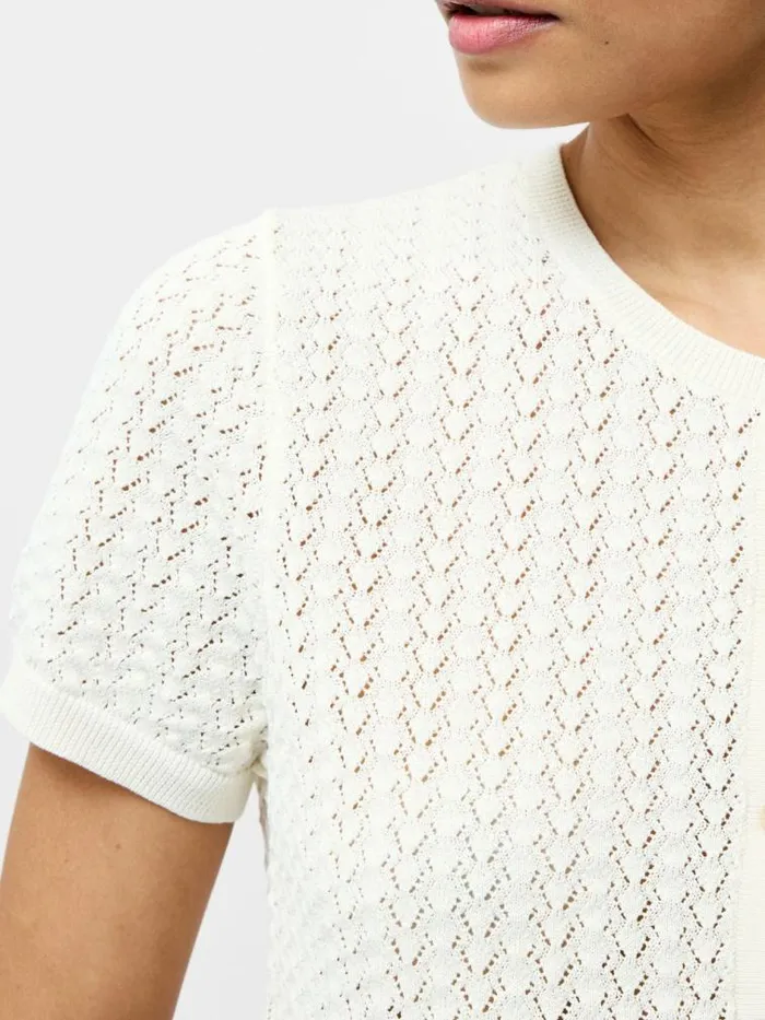French Connection Cotton Blend Pointelle Short Sleeve Cardigan Cream Women Jumpers and Cardigans