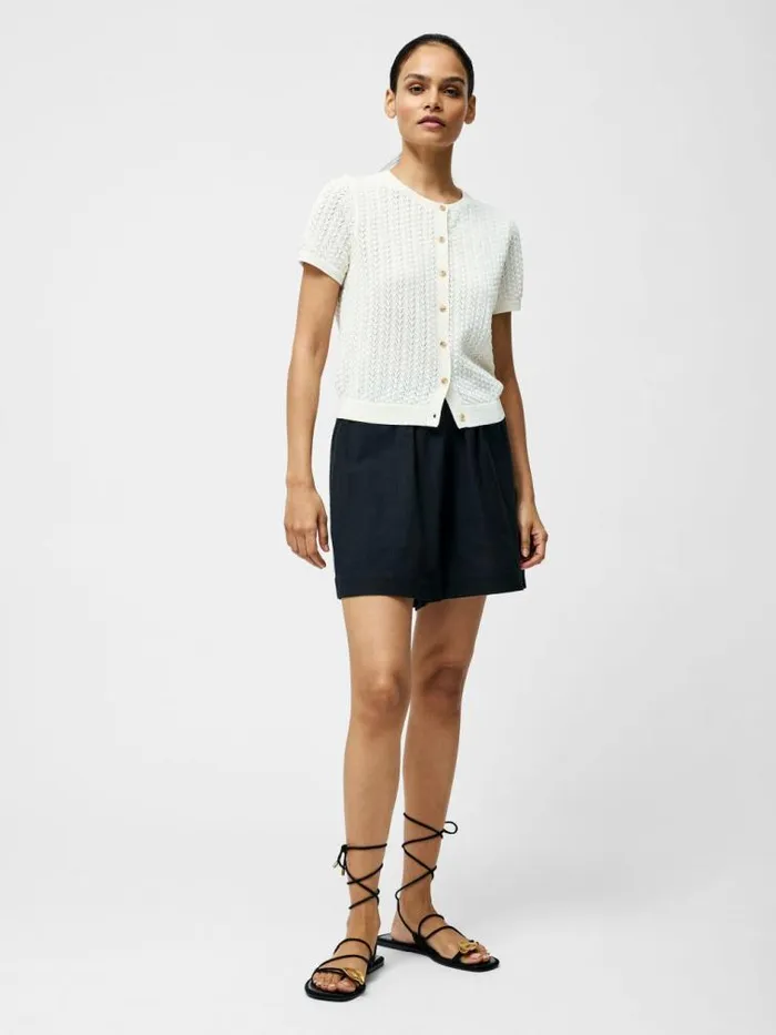 French Connection Cotton Blend Pointelle Short Sleeve Cardigan Cream Women Jumpers and Cardigans