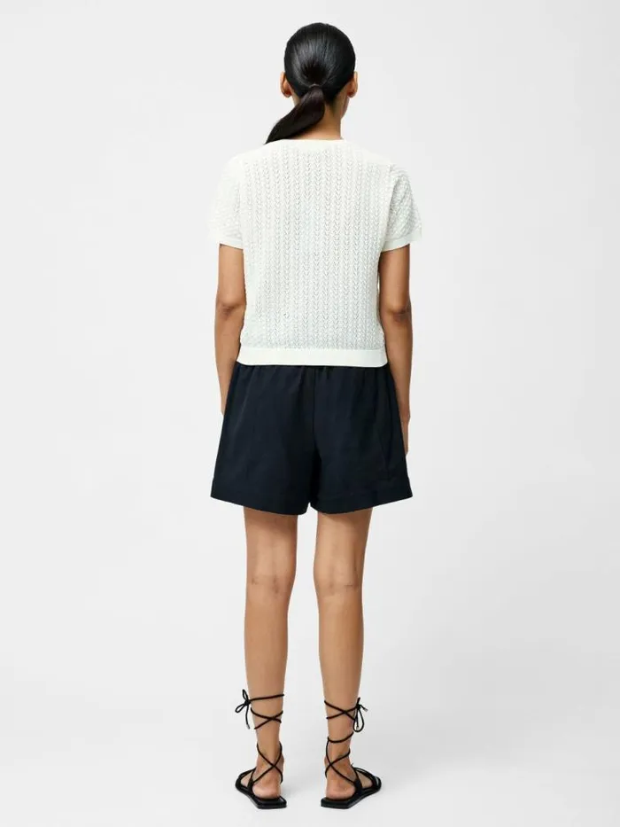 French Connection Cotton Blend Pointelle Short Sleeve Cardigan Cream Women Jumpers and Cardigans