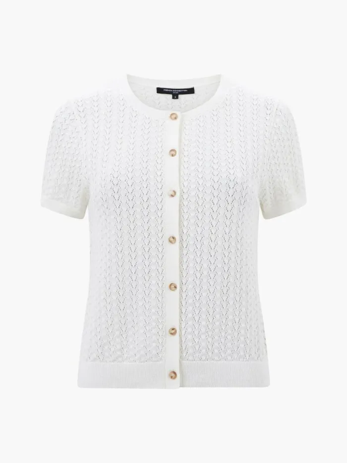 French Connection Cotton Blend Pointelle Short Sleeve Cardigan Cream Women Jumpers and Cardigans