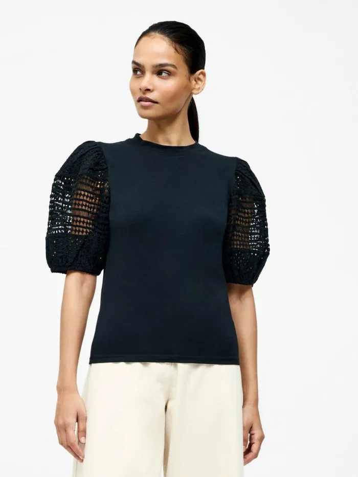 French Connection Crochet Lace Puff Sleeve Top Black Women Tops