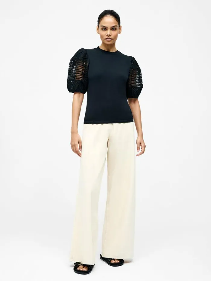 French Connection Crochet Lace Puff Sleeve Top Black Women Tops