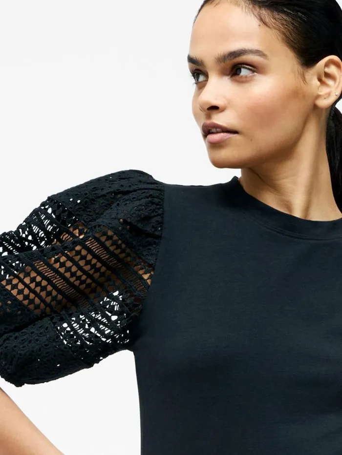 French Connection Crochet Lace Puff Sleeve Top Black Women Tops