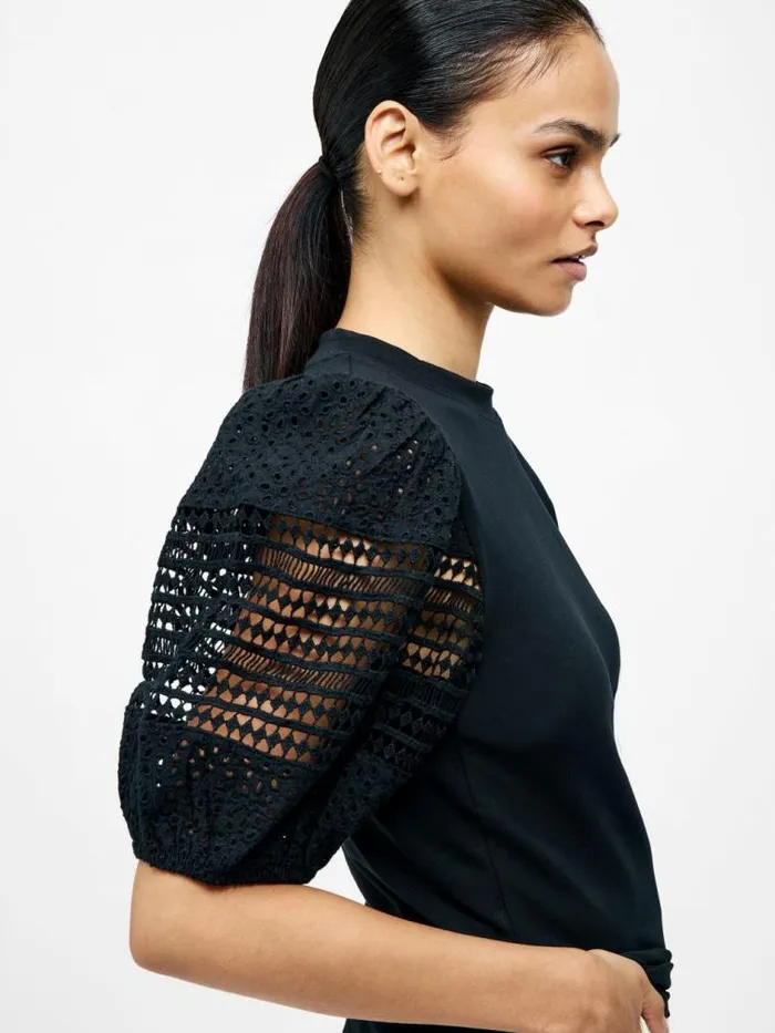 French Connection Crochet Lace Puff Sleeve Top Black Women Tops