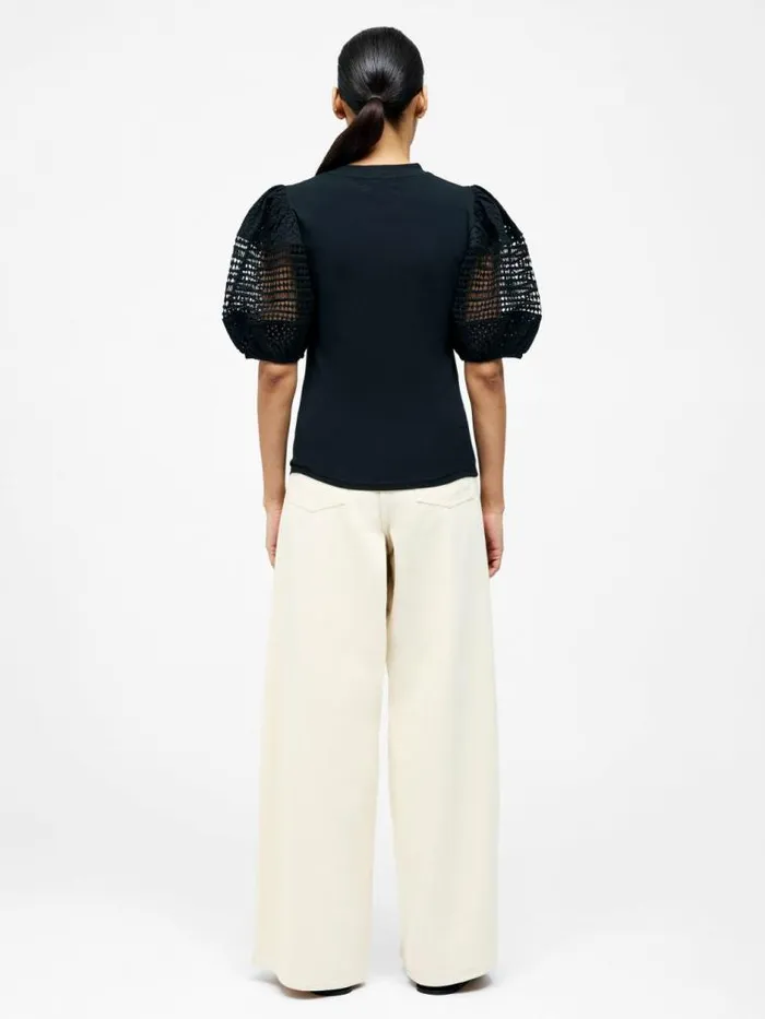 French Connection Crochet Lace Puff Sleeve Top Black Women Tops