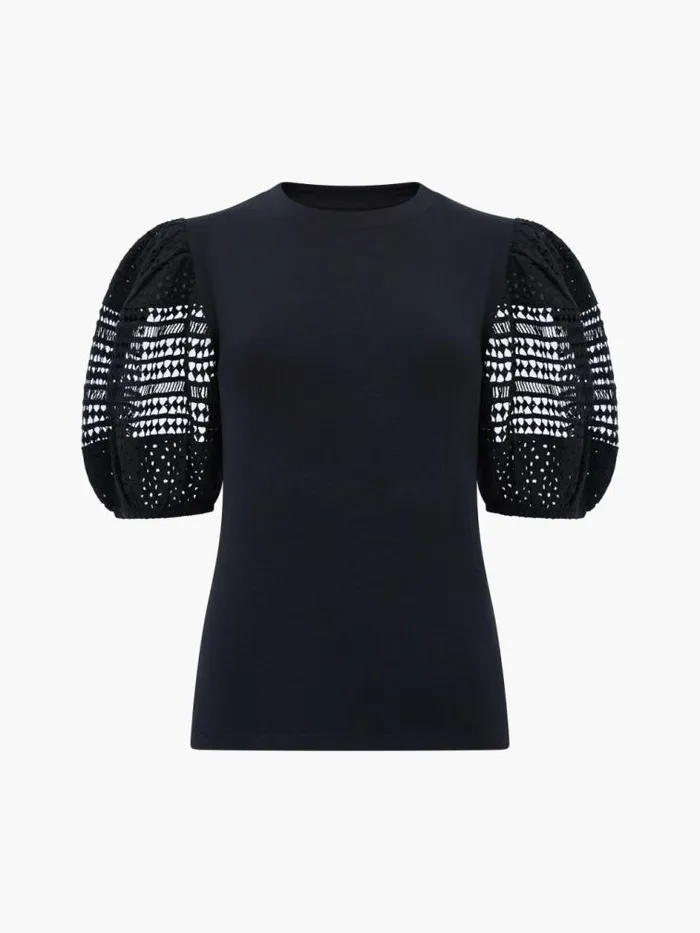 French Connection Crochet Lace Puff Sleeve Top Black Women Tops