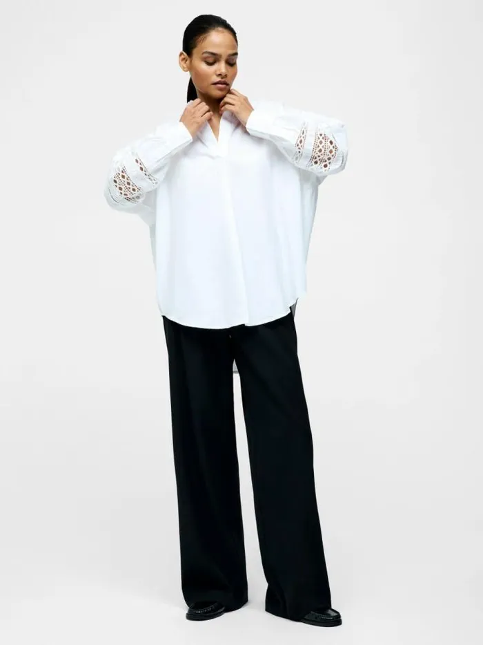 French Connection Crochet Trim Poplin Long Sleeve Popover Shirt Linen White Women Tops