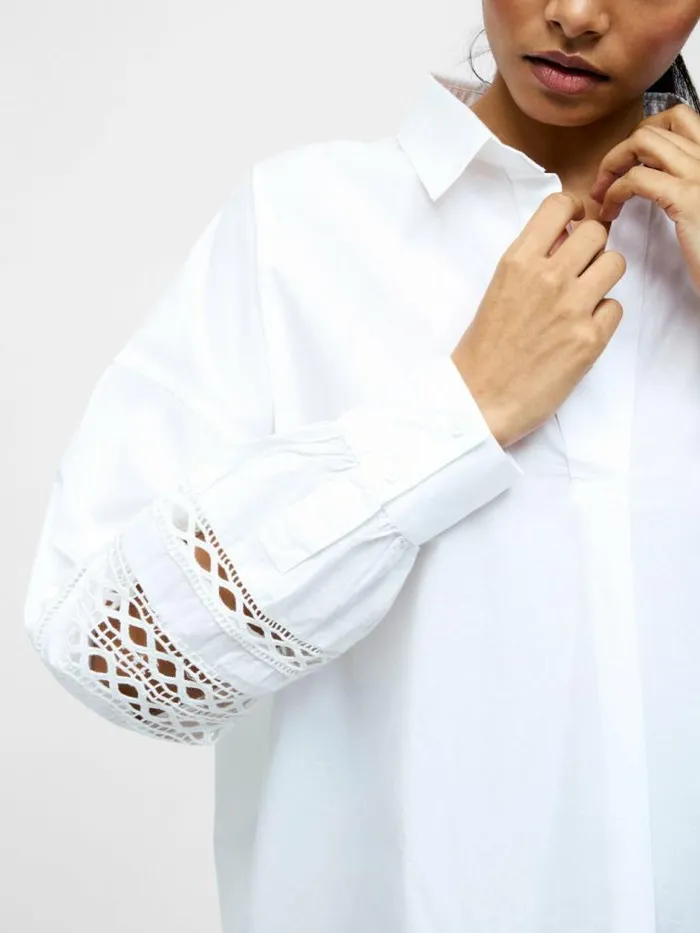 French Connection Crochet Trim Poplin Long Sleeve Popover Shirt Linen White Women Tops