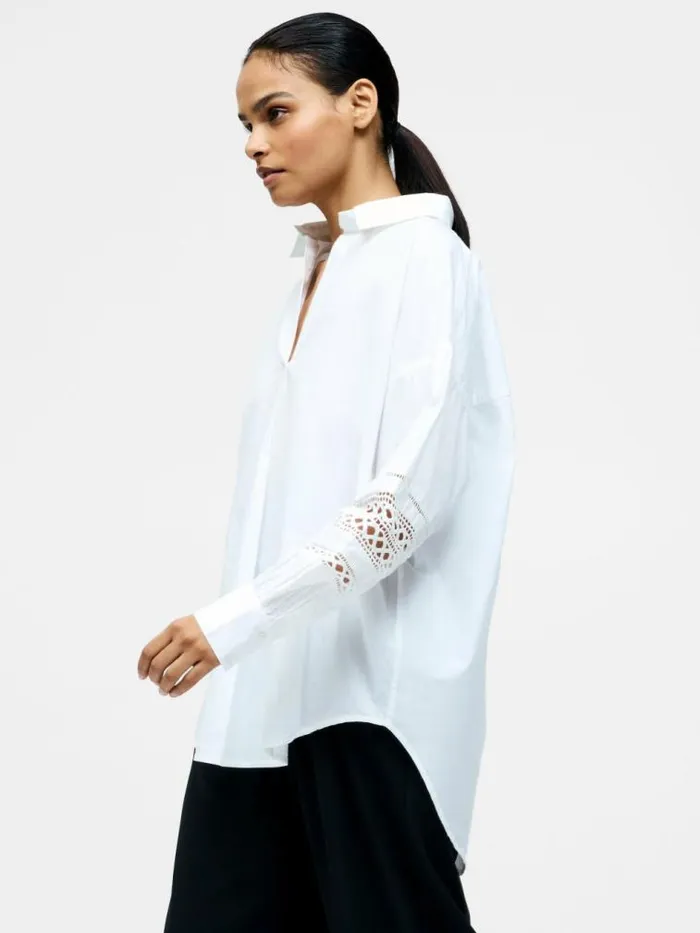 French Connection Crochet Trim Poplin Long Sleeve Popover Shirt Linen White Women Tops