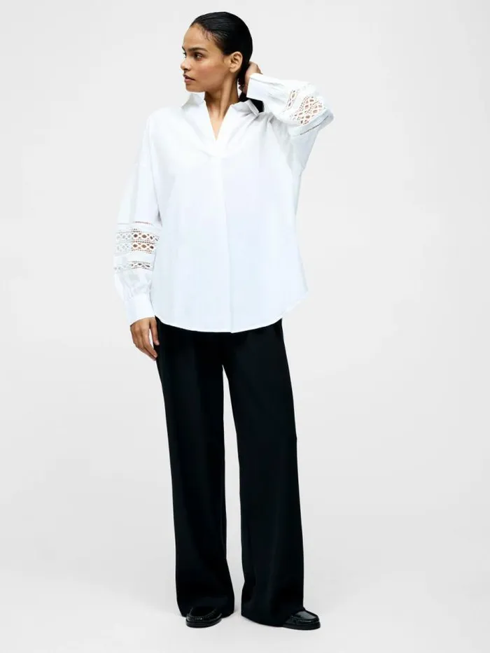 French Connection Crochet Trim Poplin Long Sleeve Popover Shirt Linen White Women Tops