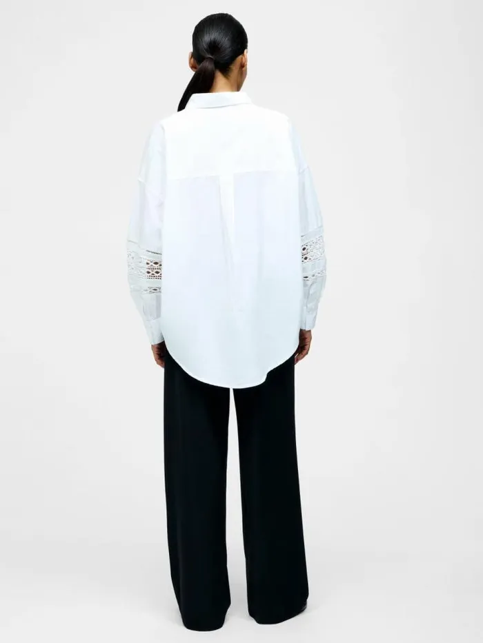 French Connection Crochet Trim Poplin Long Sleeve Popover Shirt Linen White Women Tops