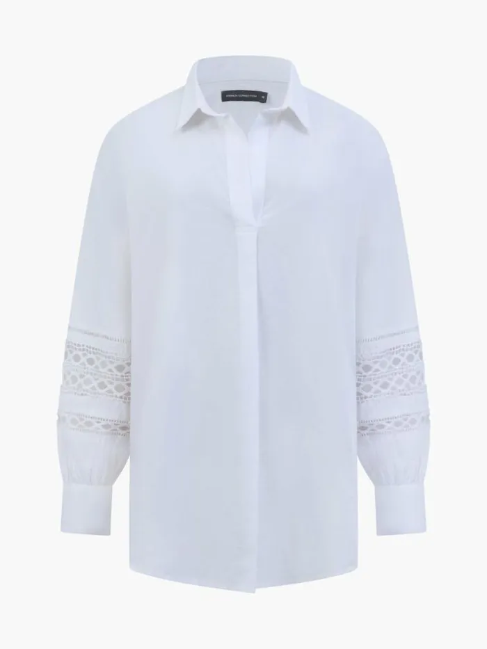 French Connection Crochet Trim Poplin Long Sleeve Popover Shirt Linen White Women Tops