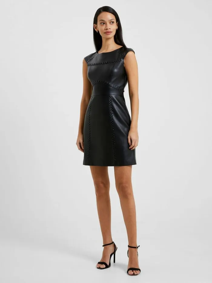French Connection Crolenda PU Lace Up Cap Sleeve Mini Dress Blackout Women Dresses