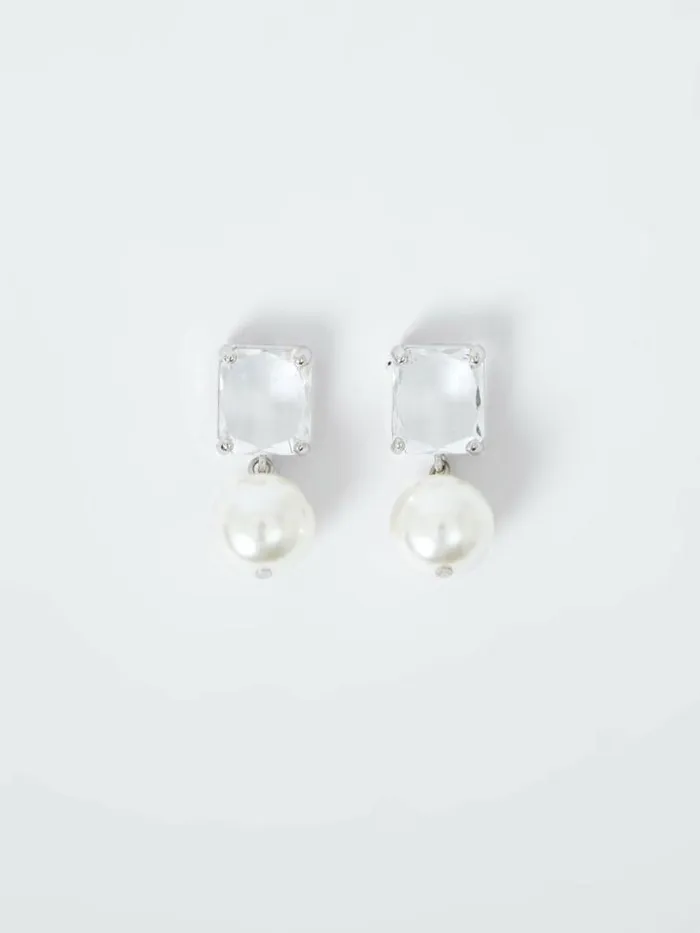 French Connection Crystal Faux Pearl Drop Earrings Silver Women Jewellery