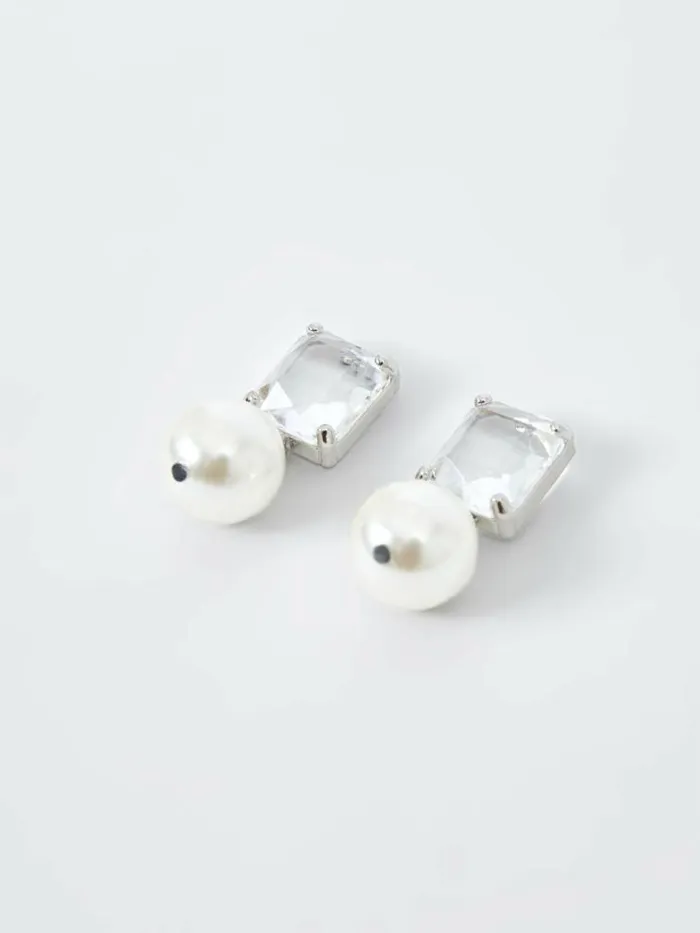 French Connection Crystal Faux Pearl Drop Earrings Silver Women Jewellery