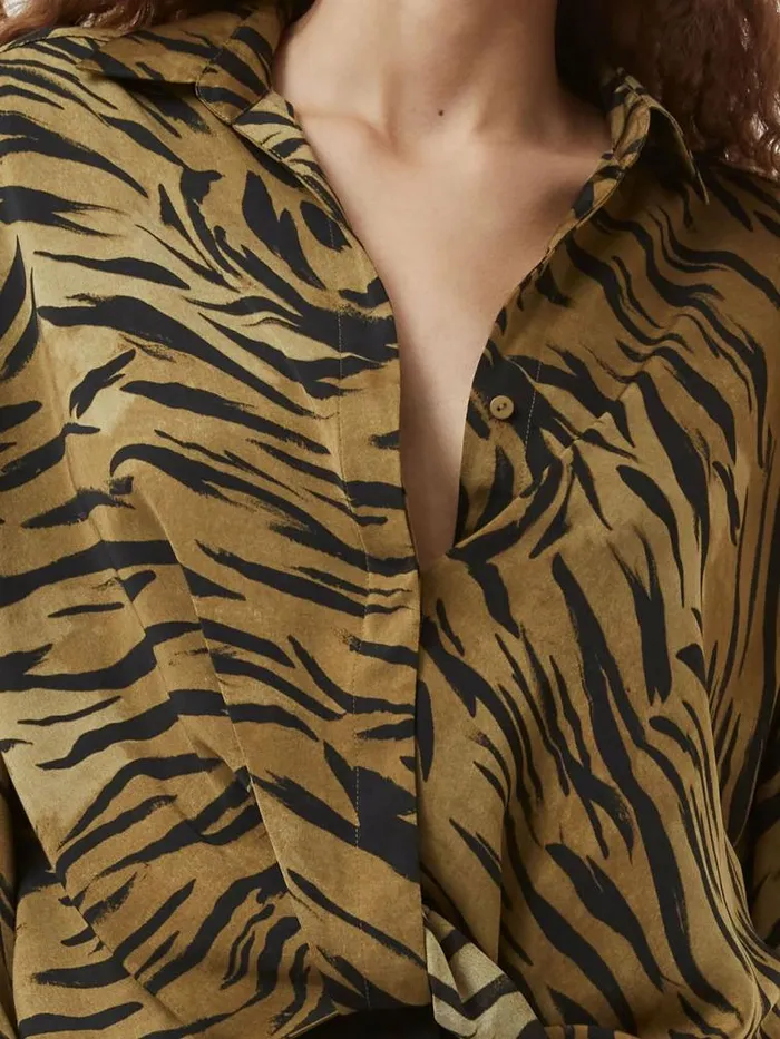 French Connection Damasco Adeline Print Tuck Shirt Golden Olive Khaki Women Tops