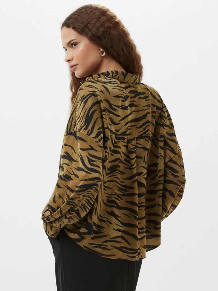 French Connection Damasco Adeline Print Tuck Shirt Golden Olive Khaki Women Tops