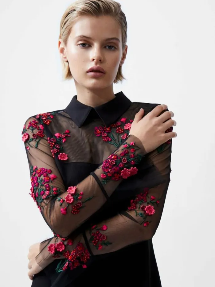 French Connection Darcy Embroidered Long Sleeve Mini Dress Blackluminous Pink Women Dresses