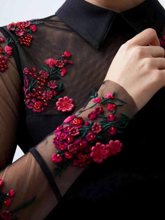 French Connection Darcy Embroidered Long Sleeve Mini Dress Blackluminous Pink Women Dresses