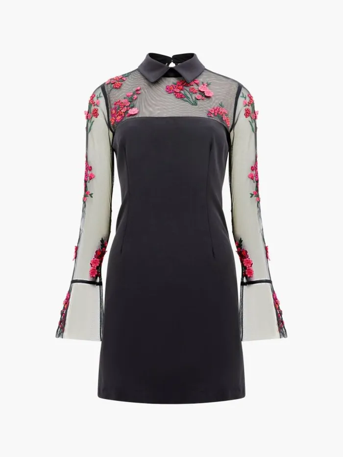 French Connection Darcy Embroidered Long Sleeve Mini Dress Blackluminous Pink Women Dresses