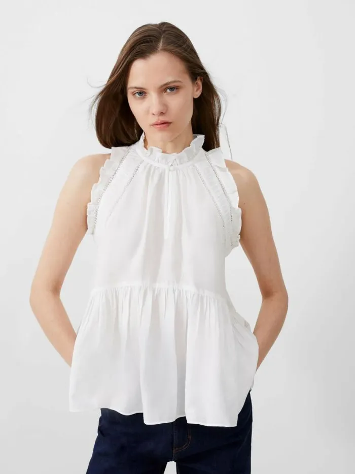 French Connection Emily Frill Top Summer White Women Tops