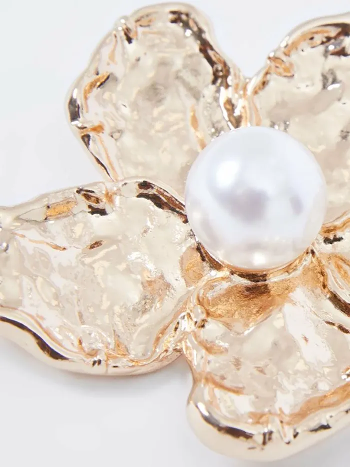 French Connection Faux Pearl Detail Flower Brooch Gold Women Jewellery