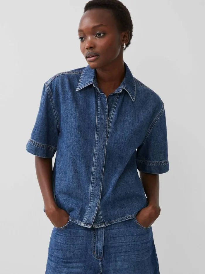 French Connection Finley Denim Short Sleeve Shirt Vintage Women Tops