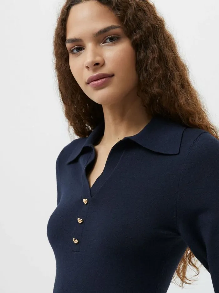 French Connection Larry Hearts V Neck Polo Top Navy Women Tops