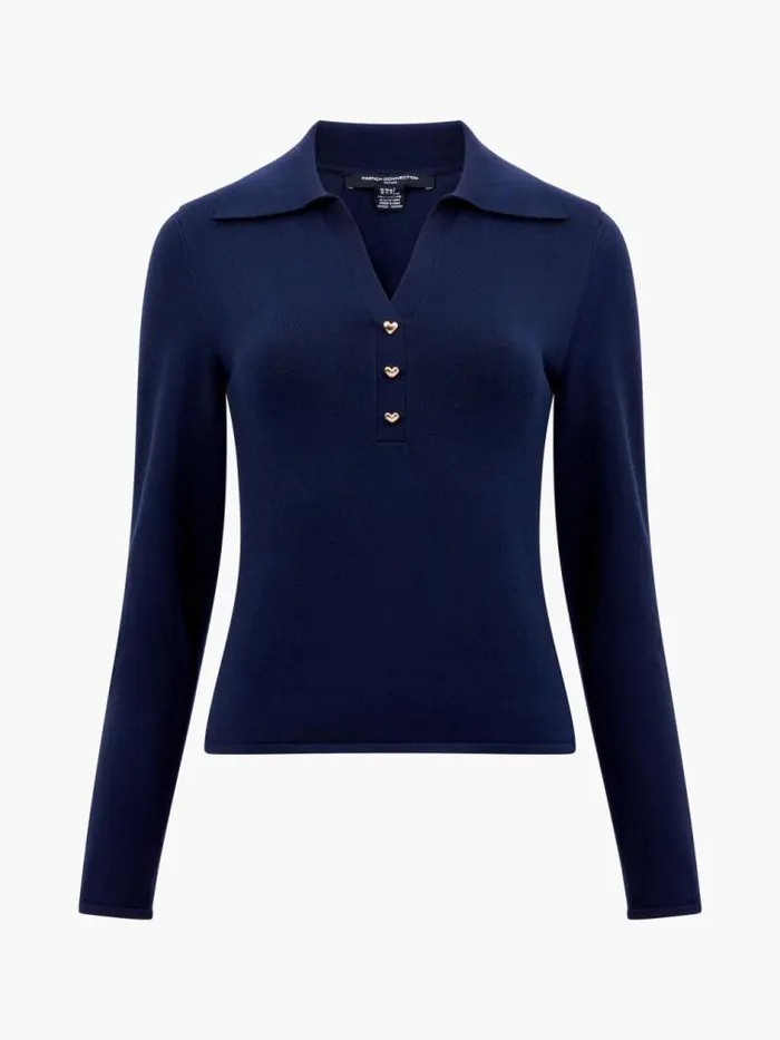 French Connection Larry Hearts V Neck Polo Top Navy Women Tops