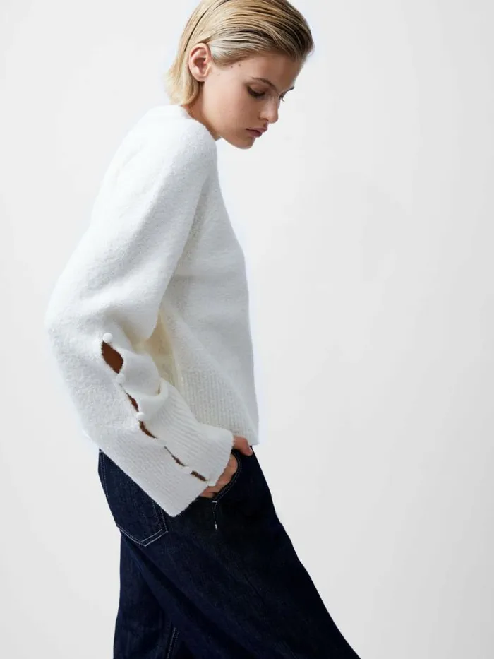French Connection Melissa Boucle Button Detail Sleeve Jumper Porcelain Cream Women Jumpers and Cardigans French Connection Melissa Boucle Button Detail Sleeve Jumper Porcelain Cream Women Jumpers and Cardigans