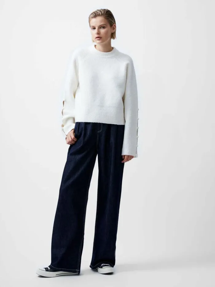 French Connection Melissa Boucle Button Detail Sleeve Jumper Porcelain Cream Women Jumpers and Cardigans
