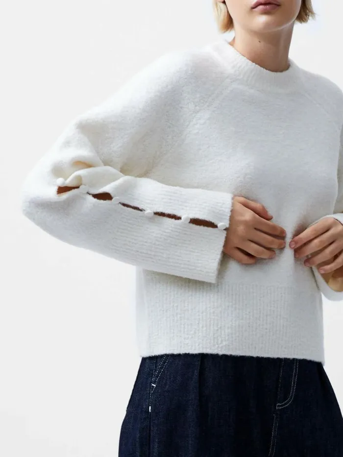 French Connection Melissa Boucle Button Detail Sleeve Jumper Porcelain Cream Women Jumpers and Cardigans