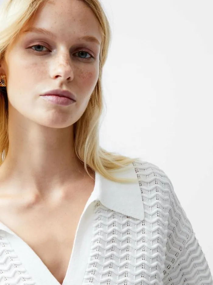 French Connection Mozart Knitted Long Sleeve Polo Shirt Summer White Women Jumpers and Cardigans
