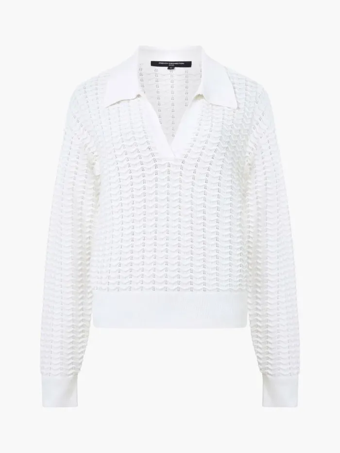 French Connection Mozart Knitted Long Sleeve Polo Shirt Summer White Women Jumpers and Cardigans
